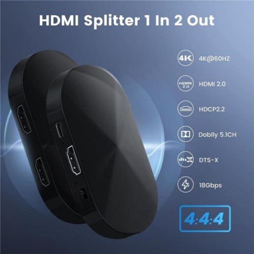 Adaptateur HDMI F12A pour deux moniteurs, répartiteur HDMI 2.0 1x2 4K 30 Hz 1080p 3D HDCP2.2, prise : prise américaine SH9301500-07